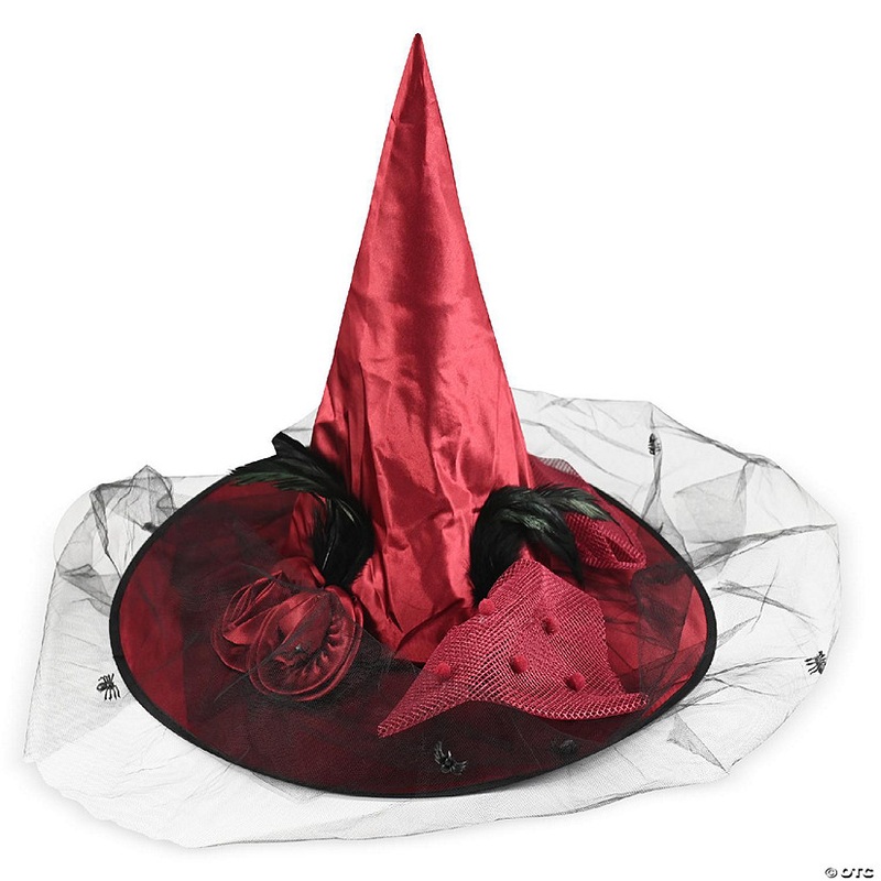 Skeleteen Deluxe Pointed Witch Hat – Glamorous Red Witches Accessories Fancy Satin Hat with Bow, Spiders and Black Feathers