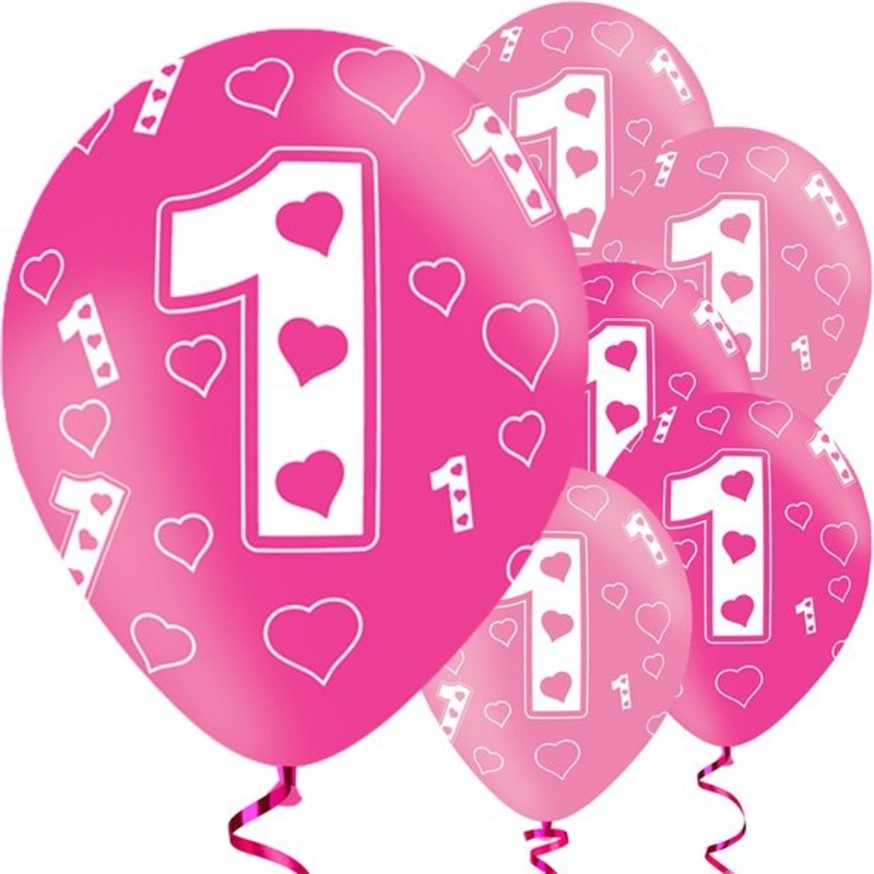 1st birthday 6 pink latex balloons 28cm