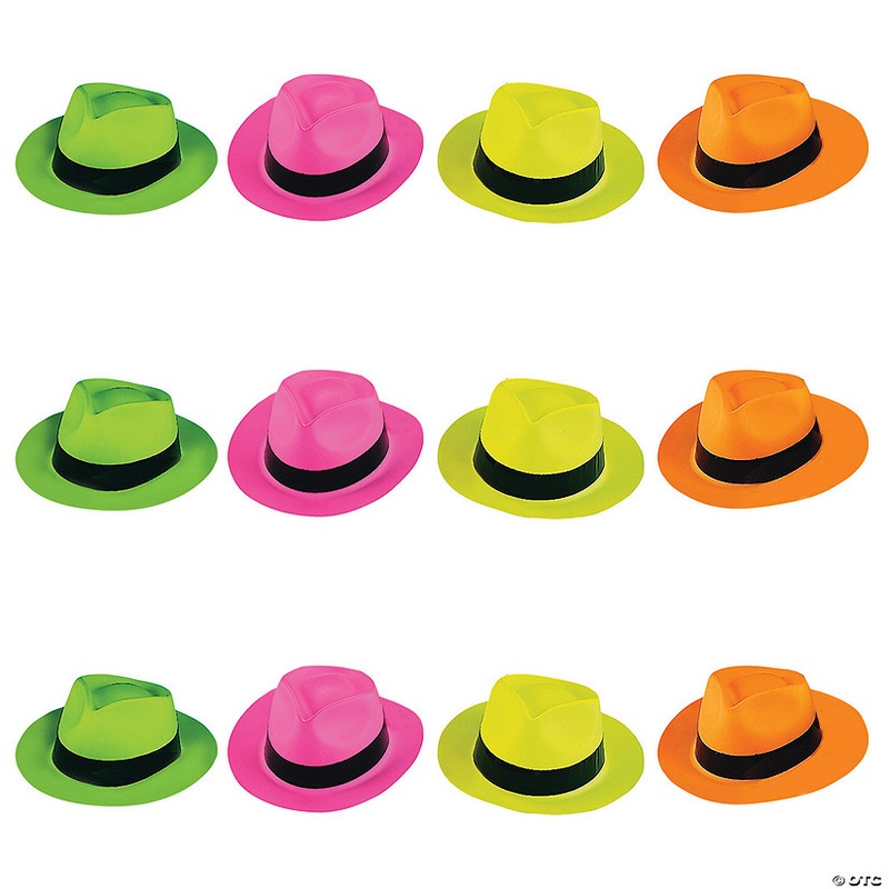 22 Neon Pink, Orange, Lime & Green Plastic  Fedora Hats – 12 Pc.