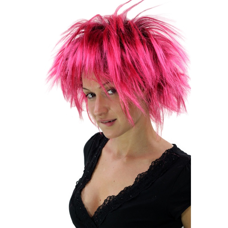 Party Wig Halloween Men Women Black & Pink Punk Wave 80s Disco Spikey Hair PW0078