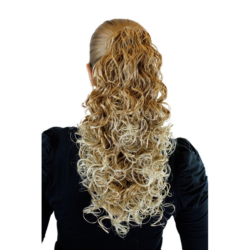 Ponytail Hairpiece extension medium long curls curled blonde highlights 6046