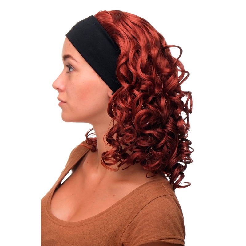 Lady wig on black head band medium long voluminous curled copper red BRO-704