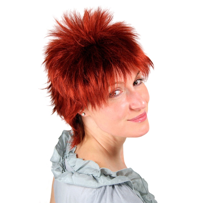 Lady women wig short spikey wild retro styled hair 80s Goth ruby red 26155