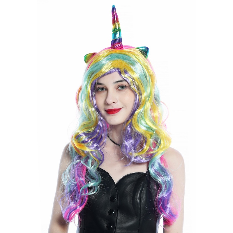 Halloween Carnival wig Unicorn multi rainbow colours long curls CW-012