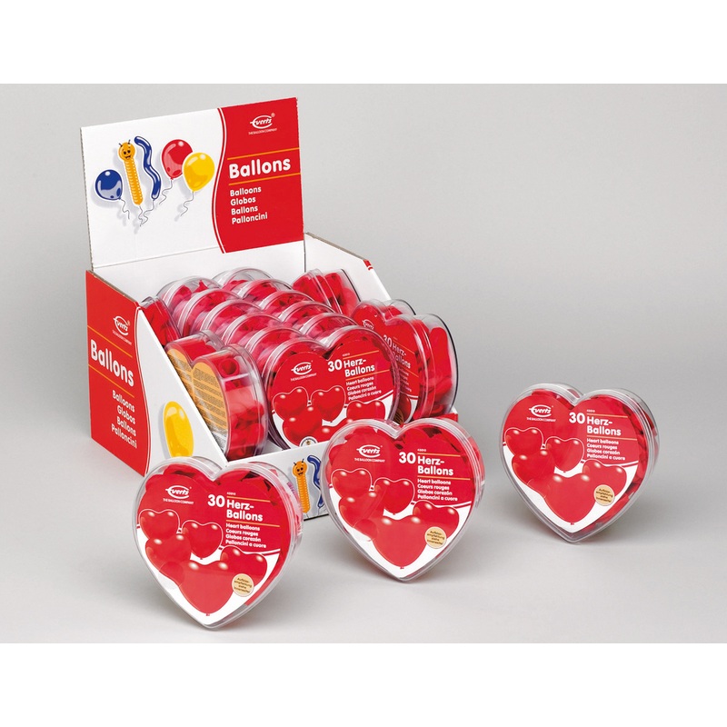 30 red heart balloons in heart box 20cm