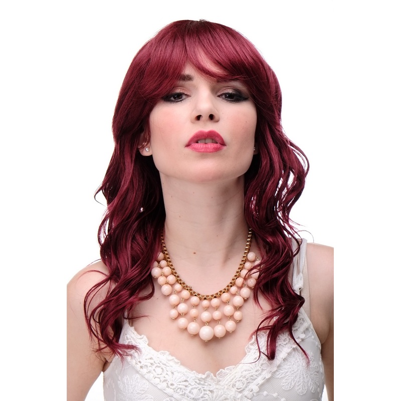 Lady women wig wavy stringy wet look fringe bangs parted garnet red 5019