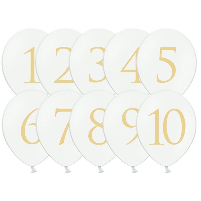 10 table numbers balloons white-gold 30cm