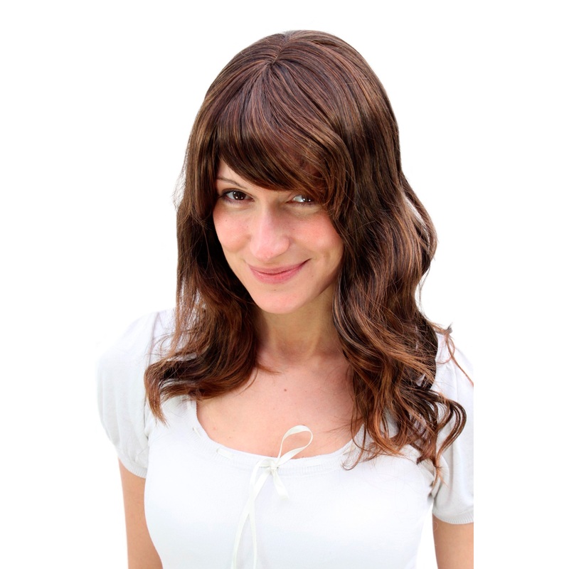 Lady women wig wavy slightly stringy wet look fringe bangs parted chestnut 5019