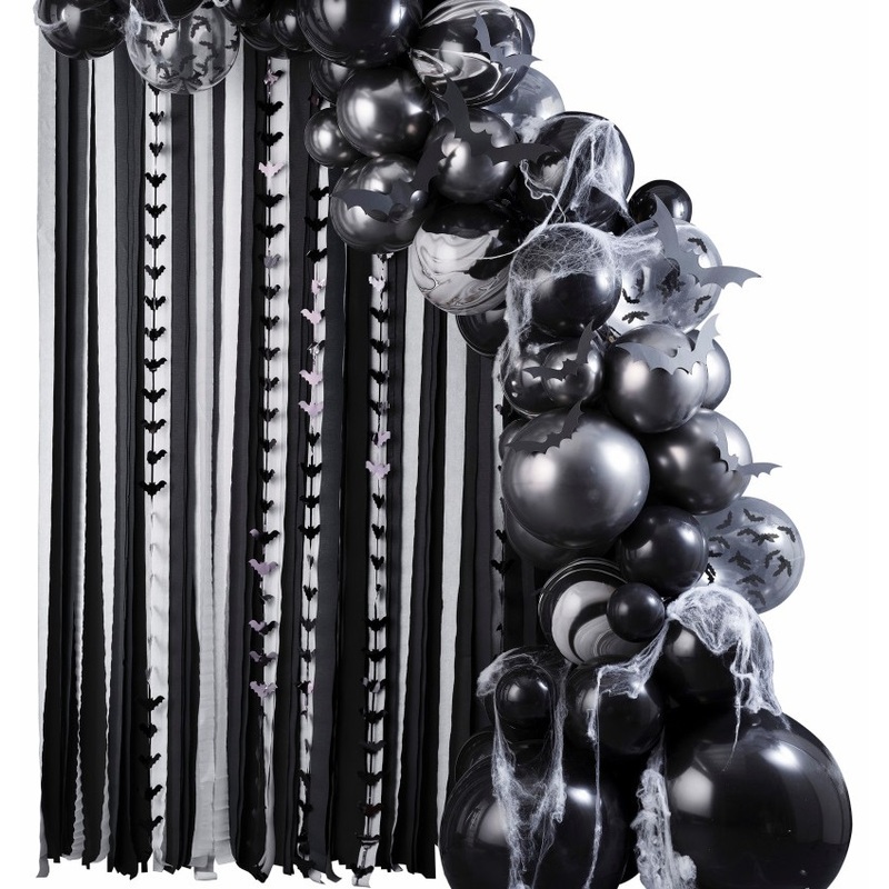 Ballon Arch- Black and White arch with Streamers on Paper Bats
