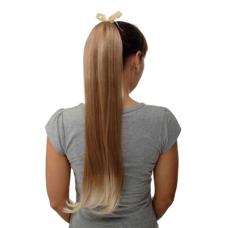 Hairpiece Ponytail comb & ribbon wrap-around long straight blond mix D13001