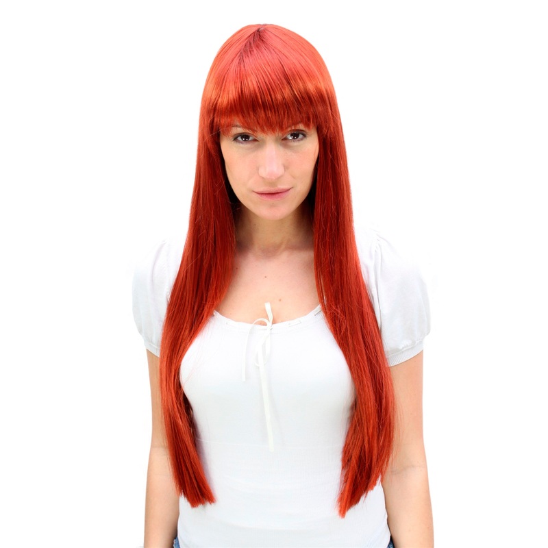 Lady women wig long bangs sleek straight stunning Mistress Tempress red 3227