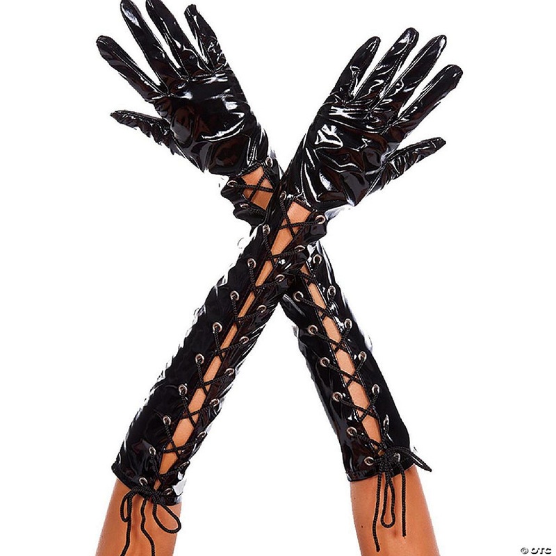 Music Legs 404-BLACKMETALLIC Wet Look Ribbon Lace Up Gloves, Black