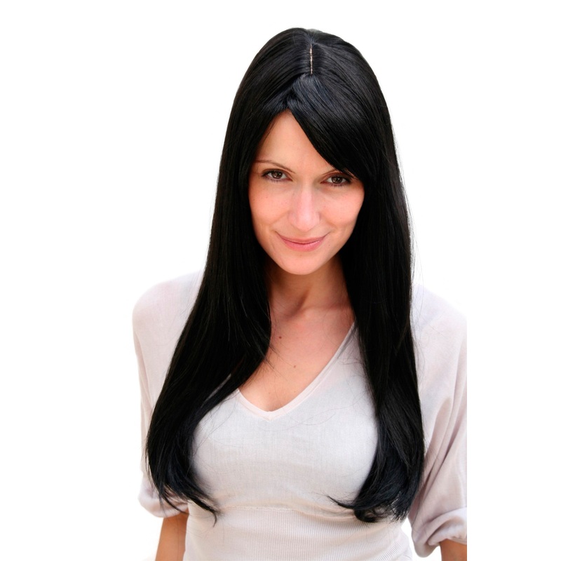 Lady women wig raven black fringe parted to side straight long Gothic 3115