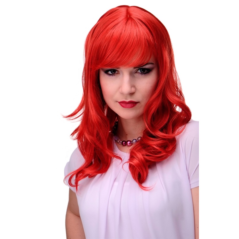 Lady women wig very long beautiful curling tips fringe bangs bright red 3001
