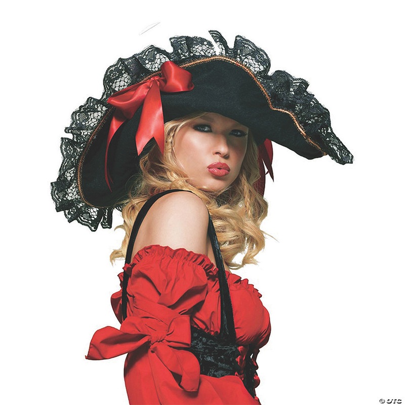 Women’s Black Swashbuckler Hat with Lace & Red Ribbon
