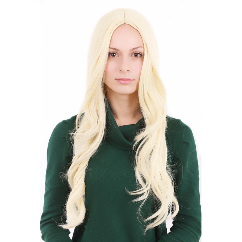 Lad women wig long bright platinum blonde middle parting slightly wavy 3256