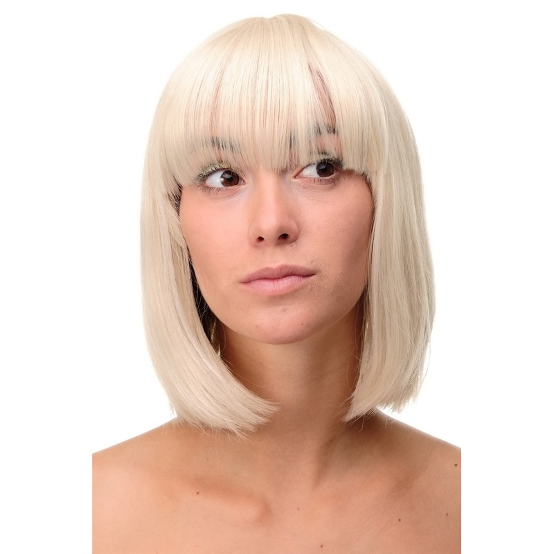 Lady women wig short straight Long Bob fringe bangs bright gold blonde mix 7803