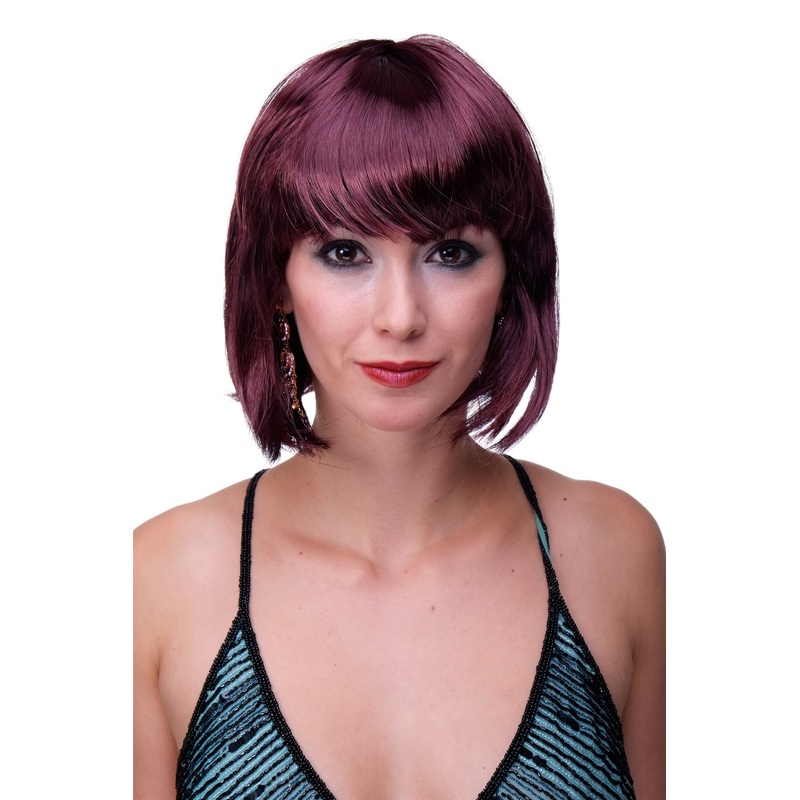 Party Halloween Disco lady women wig Bob fringe bangs short aubergine red PW0114