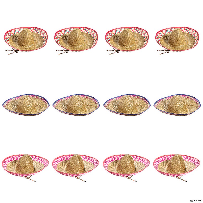 24 Adults Embroidered Patterned Straw Sombreros with Chin Cord – 12 Pc.
