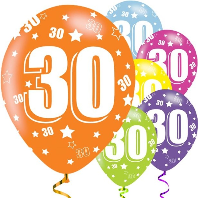 6 colored latex balloons 30th birthday 28cm