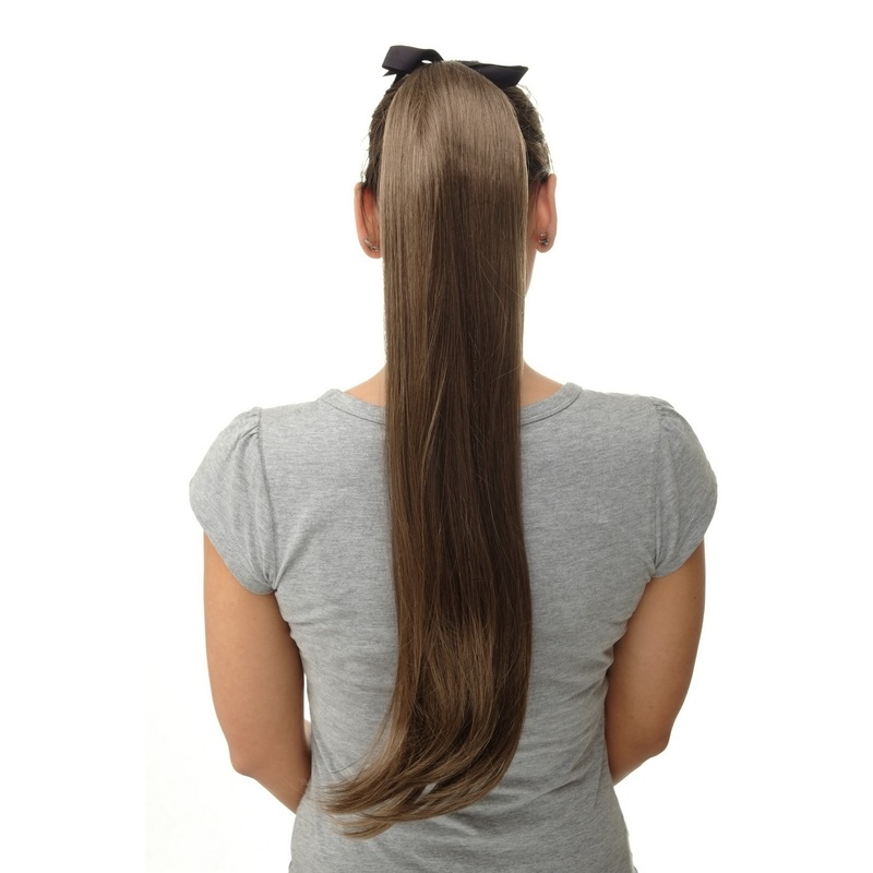 Hairpiece Ponytail comb & ribbon wrap-around long straight golden brown D13001