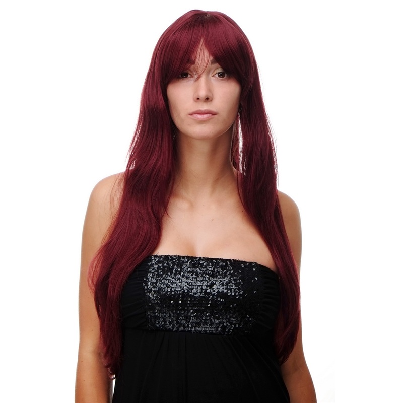 Lady women wig very long fringe part to side straight garnet aubergine red 3111