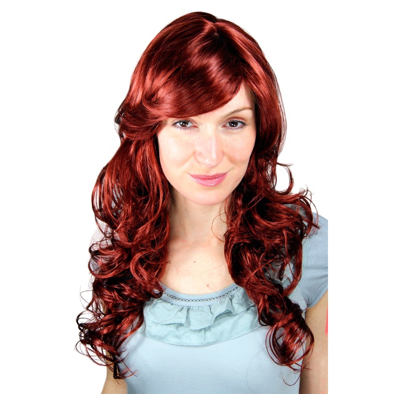 Lady Women Wig wavy slightly curled long side parting dark red 9329