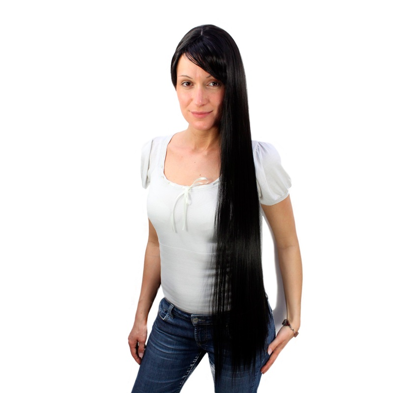 Lady women wig extremely long straight sleek fringe off black fairytale 9293L