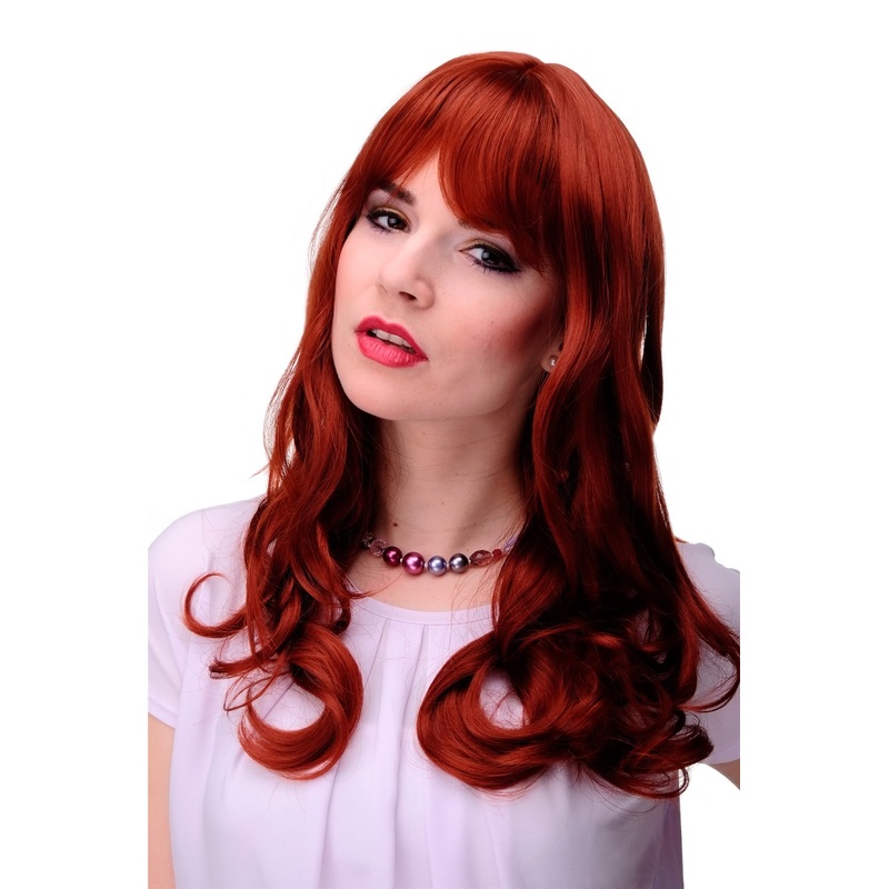 Lady women wig long beautiful curling tips fringe bangs dark copper red 3001