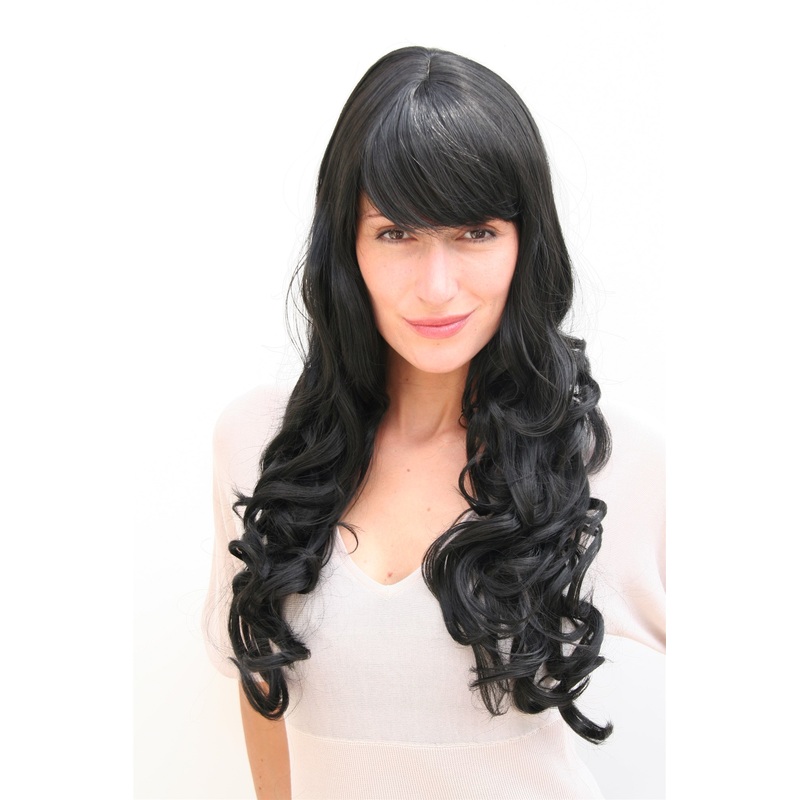 Lady women wig very long curling tips straight top fringe bangs black 285