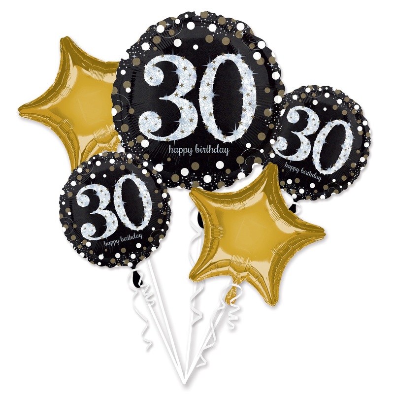 Golden 30th birthday balloon bouquet