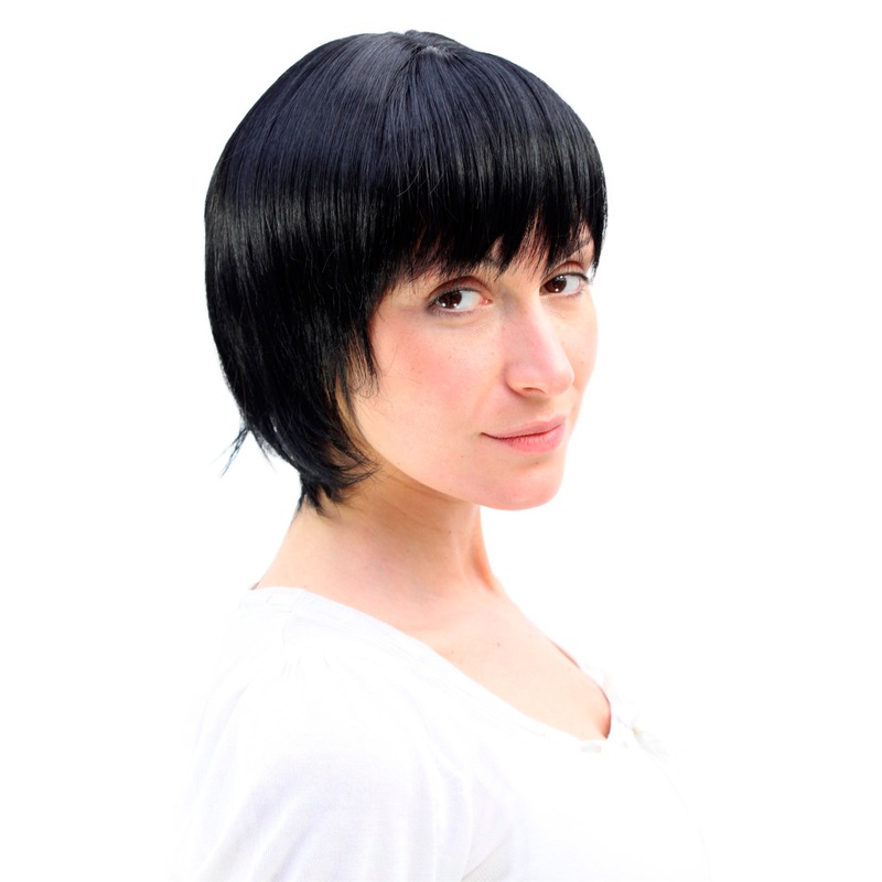 Lady women wig short Bob Page cute Fringe frayed bangs deep black 1003