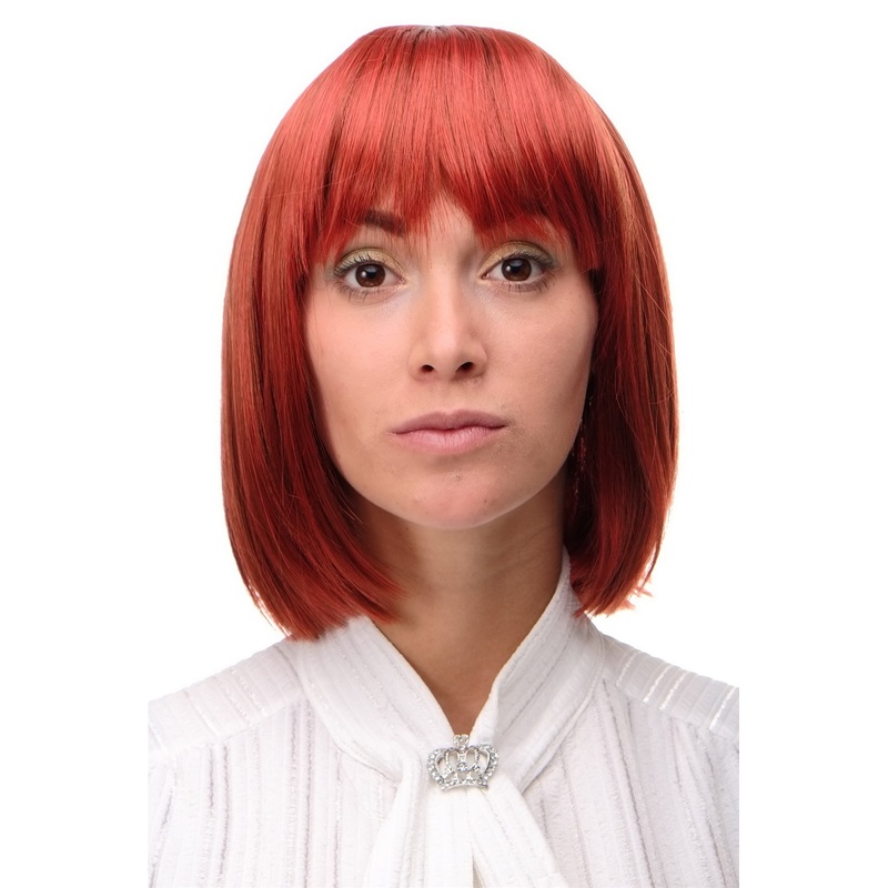 Lady women wig short straight Long Bob fringe bangs bright red mix 7803