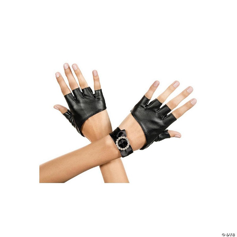 Music Legs 456-BLACK Metallic Fingerless Gloves with Rhinestone Wrist Band – Black