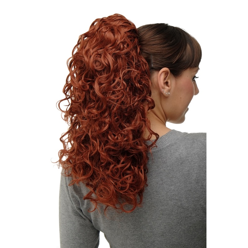 Hairpiece Ponytail combs & draw string long curls curled dark copper red NC002-350