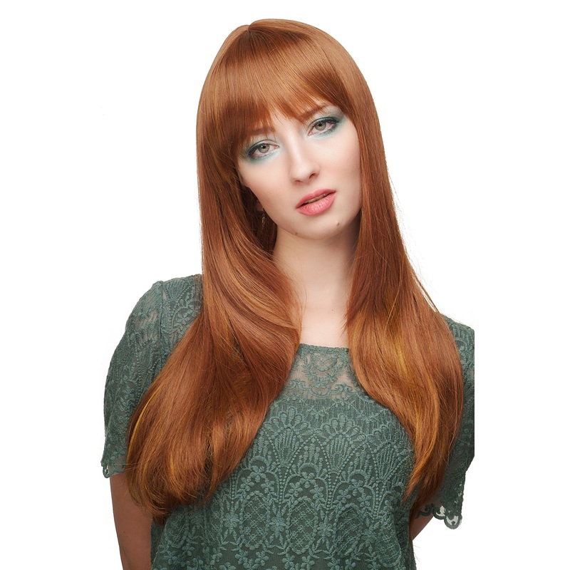 Lady wig fringe parted straight long copper brown gold blonde highlights 3115