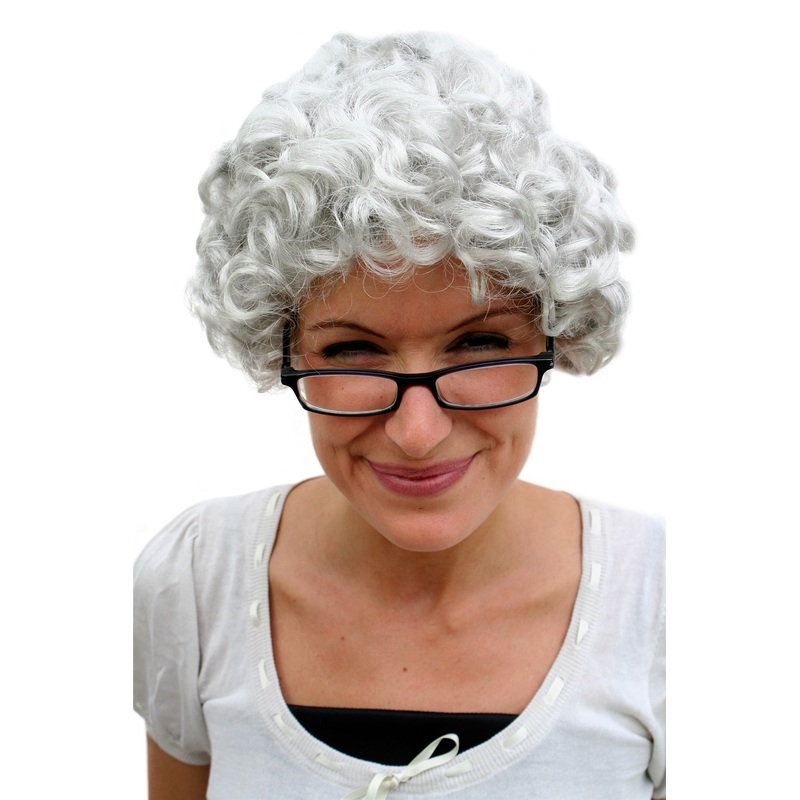 Lady Wig Halloween grey curl Granny old spinster woman dame Grandmother PW0035