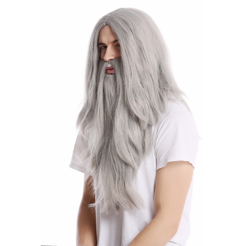 Wig & Beard long straight gray grey Wizard sorcerer Prophet Old Biker PW0210-ZA68E