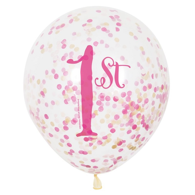 1st Birthday Confetti Balloons Transparent Pink