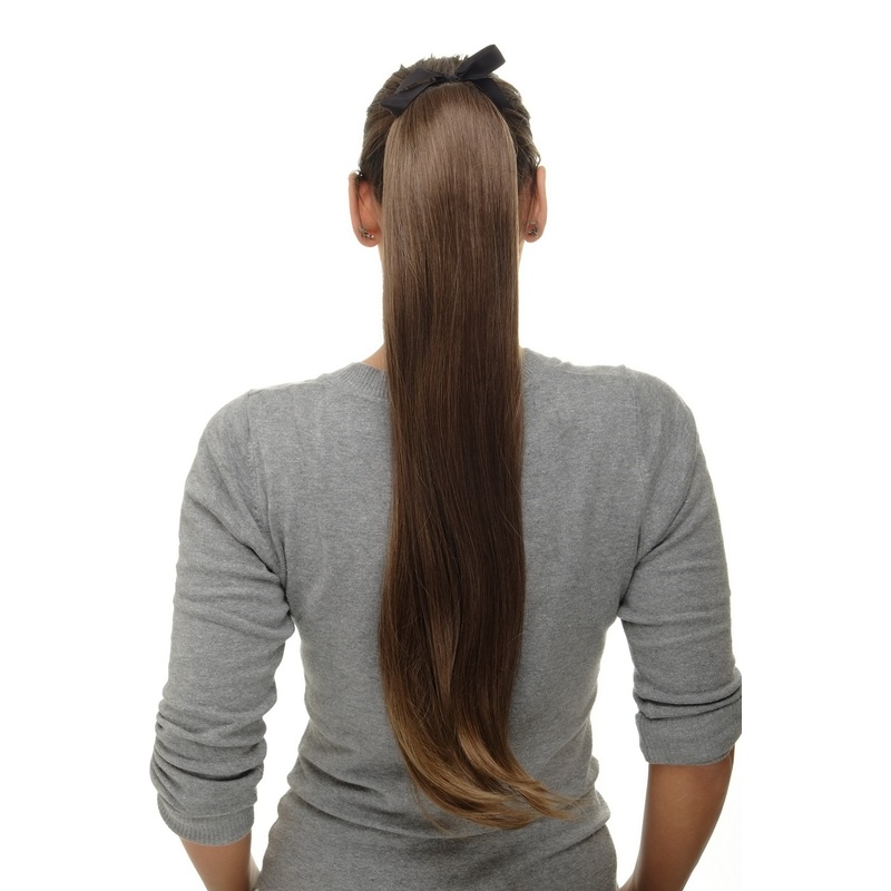 Hairpiece Ponytail comb ribbon wrap-around long straight brown highlights D13001
