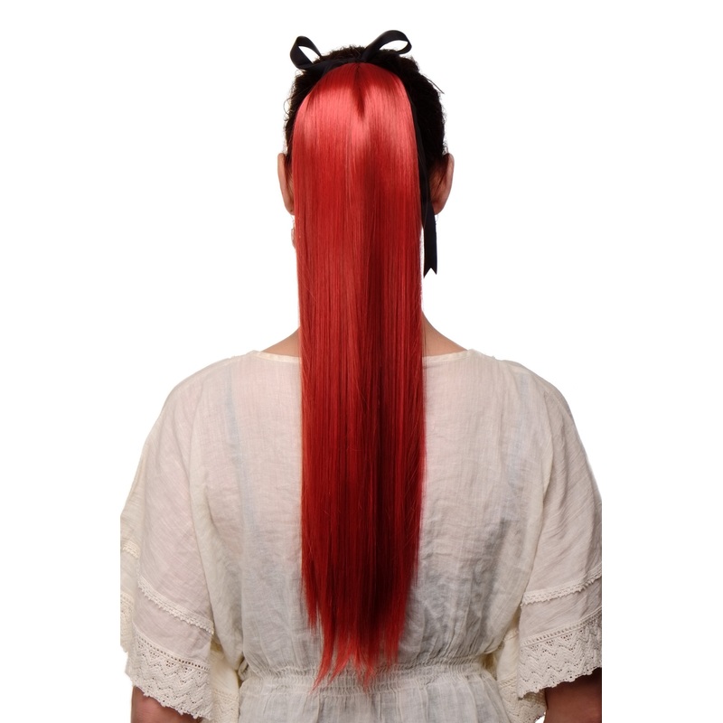 Ponytail comb & ribbon wrap-around hair extension long straight red C9429