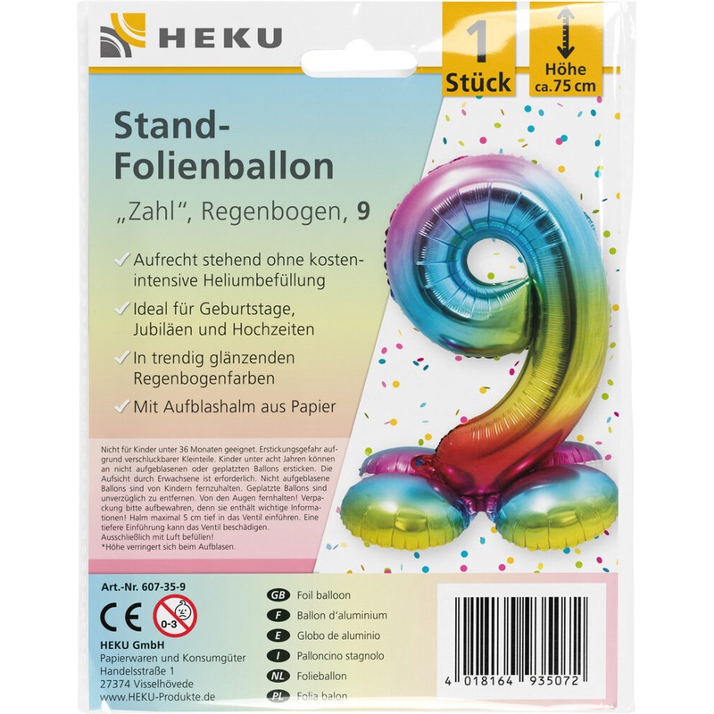 Stand Folienballon Regenbogen Zahl 9 75cm