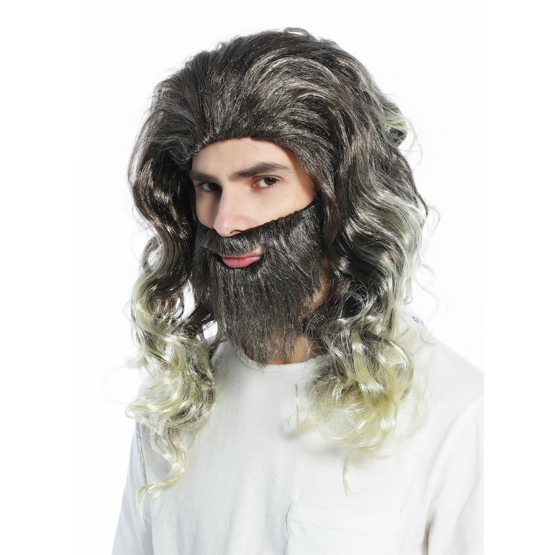 Wig & beard brown streaked with blond wild curled prophet hipster hermit CW-024