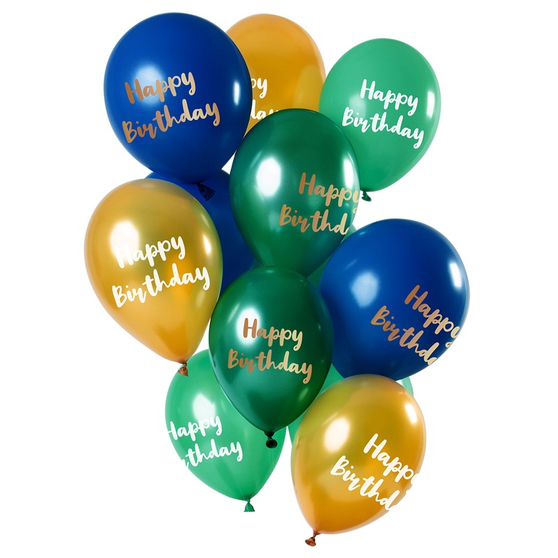 12 latex balloons Happy Bday green gold
