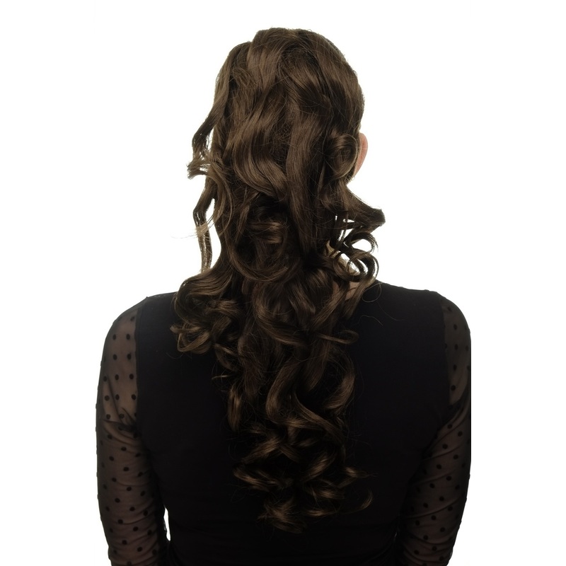 Hairpiece Ponytail combs & draw string curled curls very long medium ash brown WK03-8