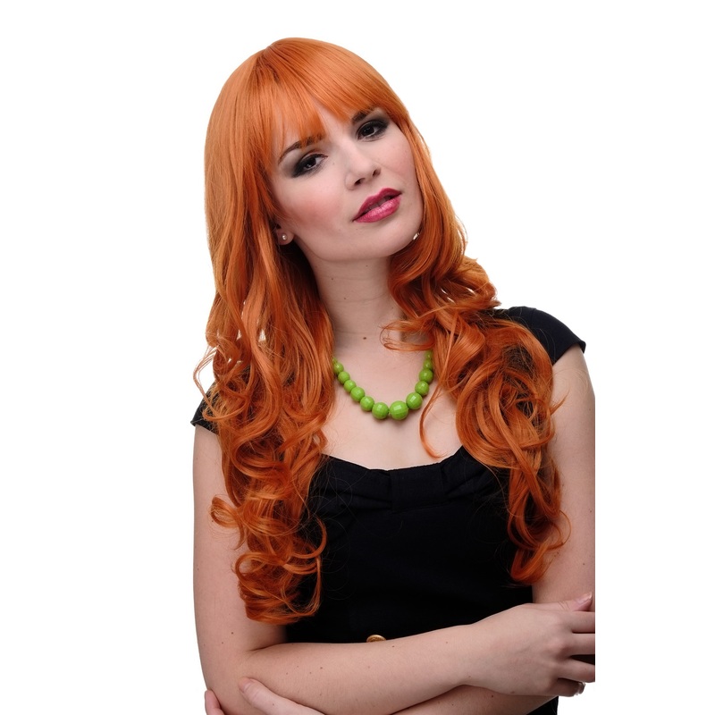 Lady wig very long curling tips straight top fringe bangs orange red 285
