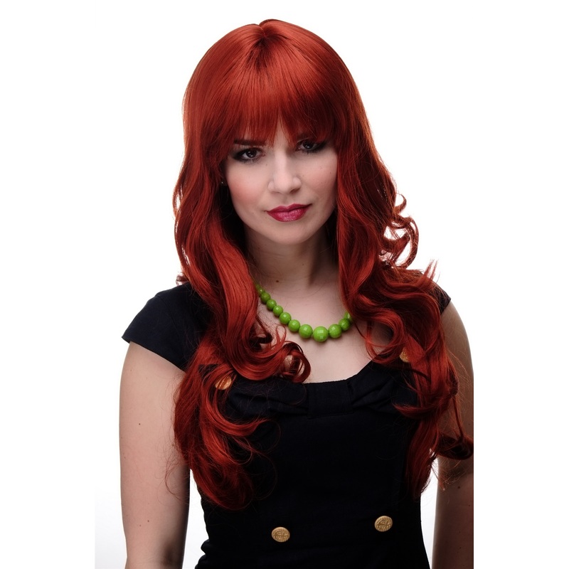 Lady women wig very long curling tips straight top fringe bangs dark red 285