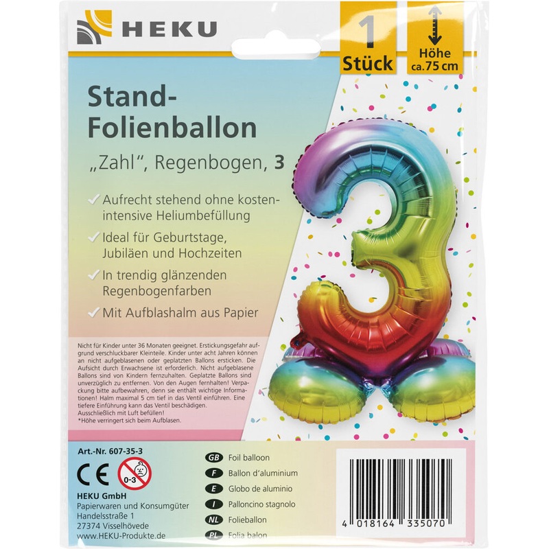 Stand Folienballon Regenbogen Zahl 3 75cm