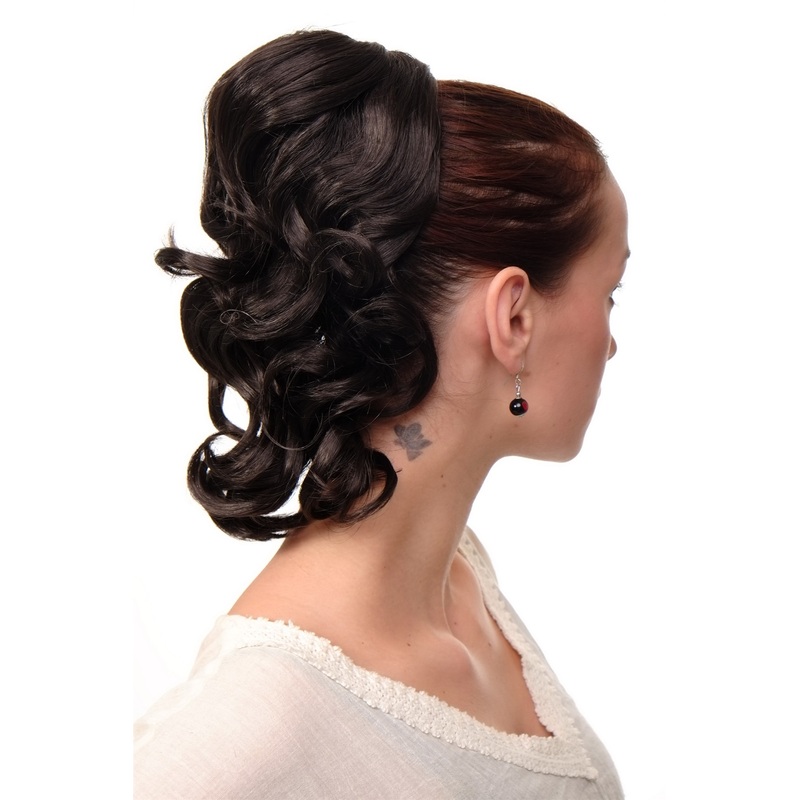 Hairpiece Ponytail comb draw string short wavy voluminous dark brown JL-3023