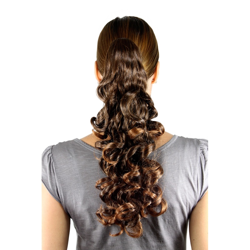 Hairpiece Ponytail Extension clamp long curls curled chestnut brown mix NC-218-2T30